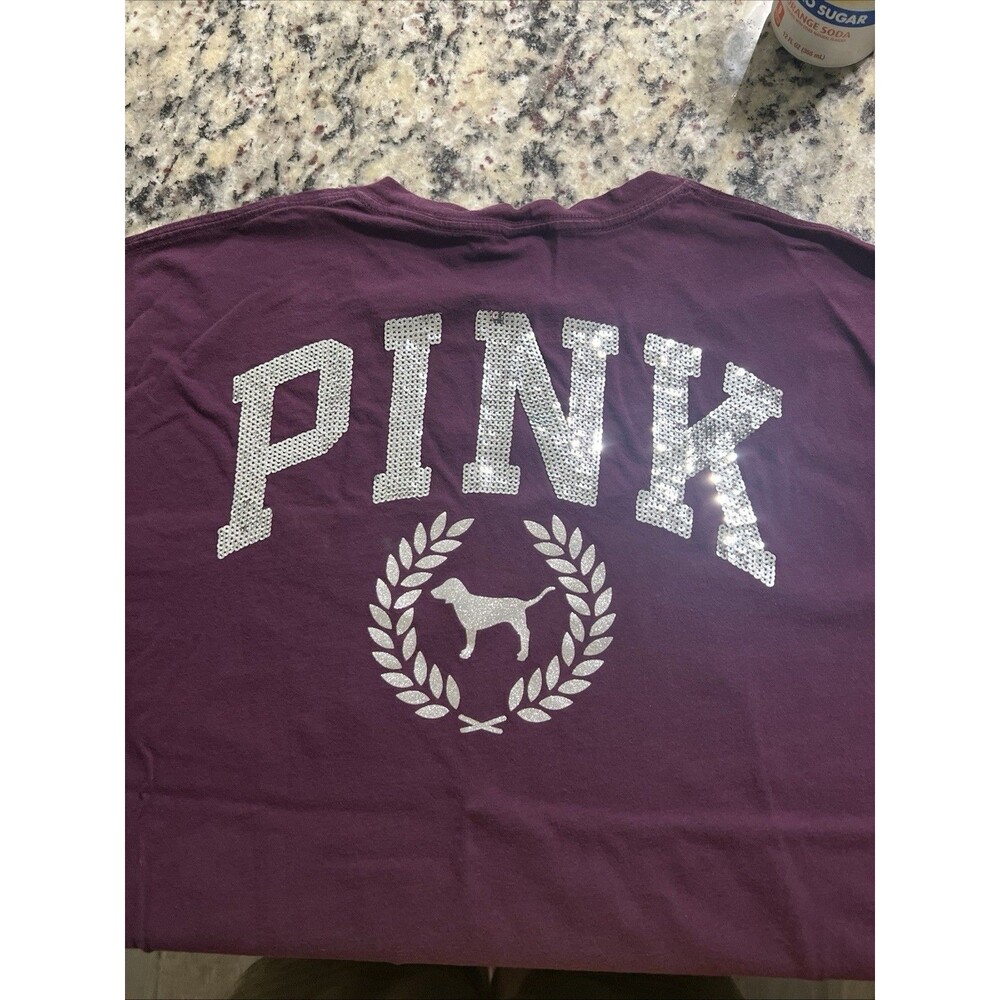 Victoria’s Secret PINK Campus Tee Luscious Burgundy Shirt Silver Sequins Large